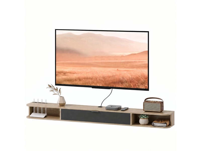  Meuble tv suspendu pour téléviseur jusqu'à 75 pouces, abattant, 2 niches, effet bois naturel, 180 x 24 x 16 cm  - Conforama A