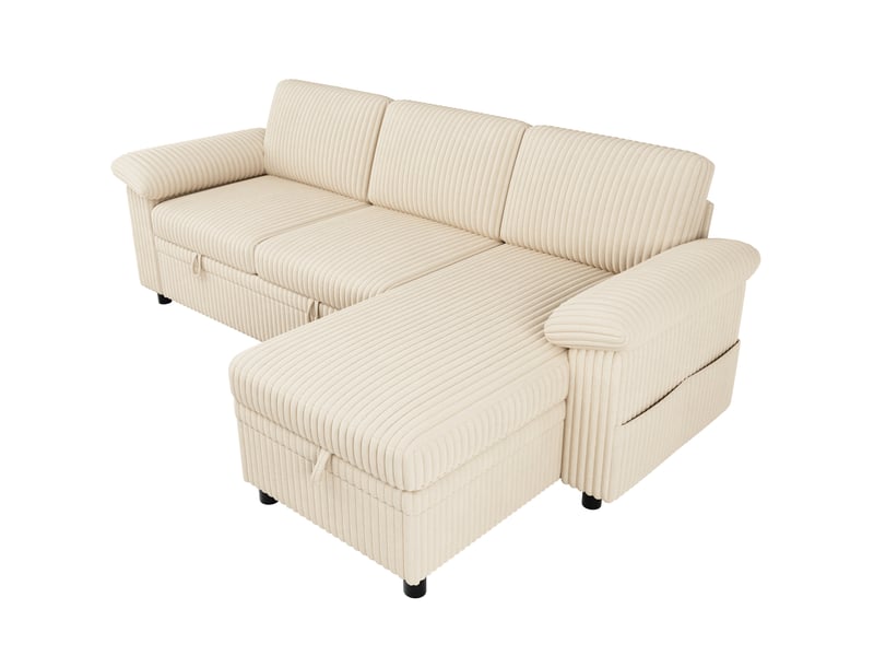  Canapé d’angle convertible modenvie réversible avec coffre, dossier réglable, usb et type-c, velours côtelé beige 214 x 138,5 x 89 cm  - Conforama A