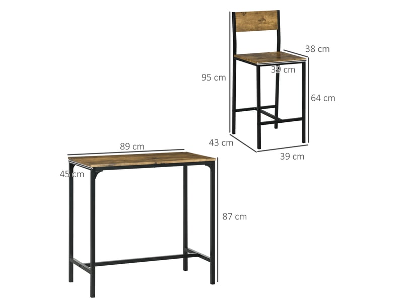  Ensemble bar 3 pièces, table haute, 2 chaises, mdf, structure en métal, imperméable, marron  - Conforama E