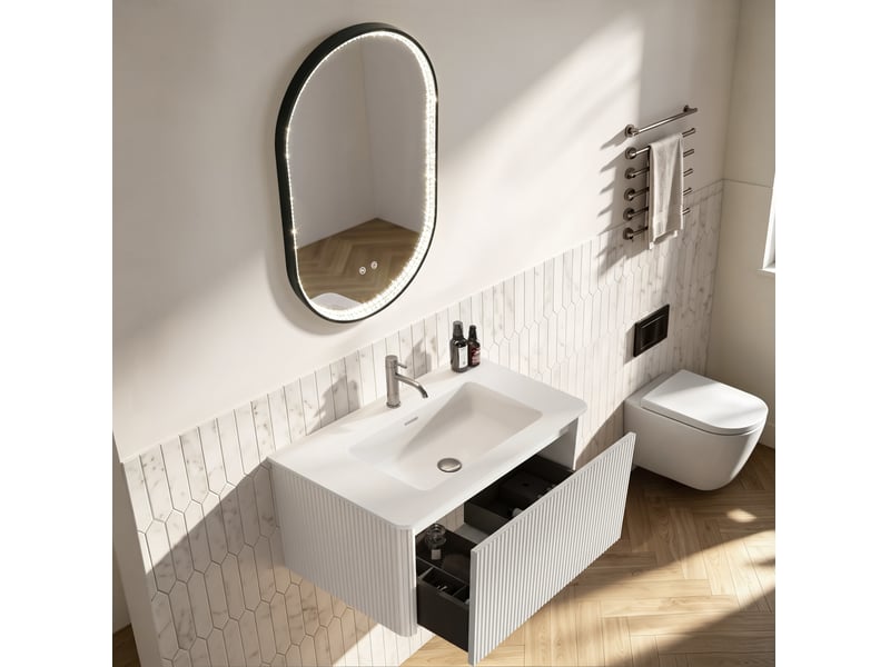  Ensemble meuble de salle de bains suspendu blanc 81 cm avec lavabo intégré, miroir led antibuée et tiroir  - Conforama E