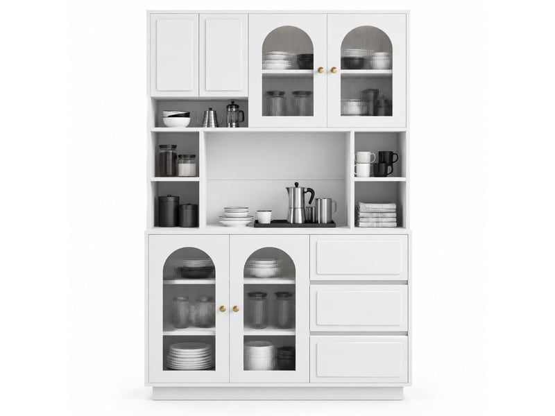  Buffet haut avec led contrôlée par application - lpospi - portes cintrées en acrylique, mdf blanc 106 × 30 × 175 cm  - Conforama A