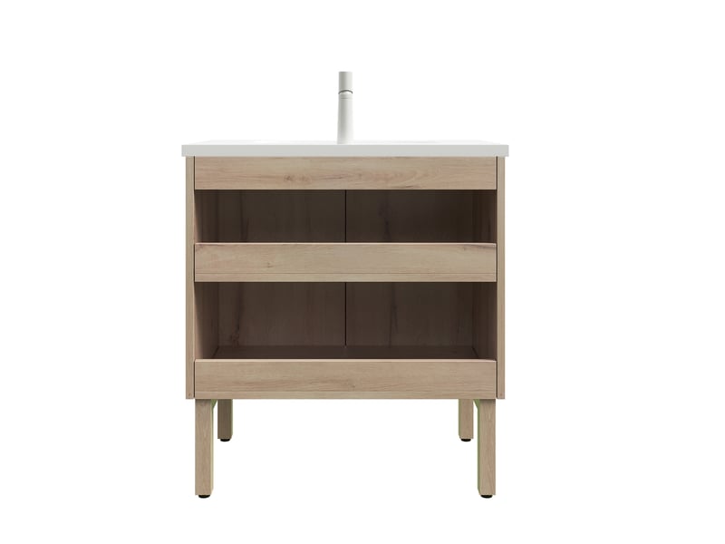  Meuble sous vasque 80 cm à doubles portes et étagère réglable - lpospi - pieds en bois, céramique blanc chêne blanc  - Conforama D