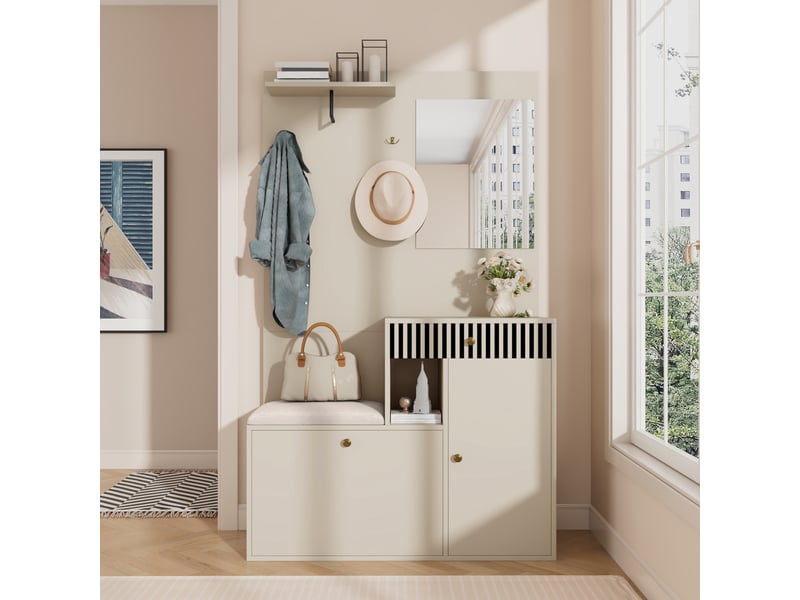  Portemanteau avec banc et rangement 110 x 185,5 cm en mdf beige  - Conforama B