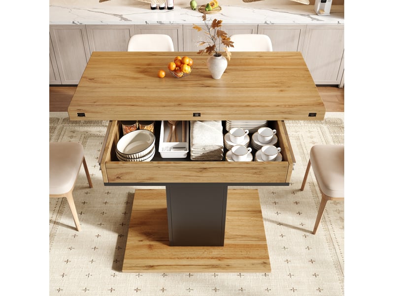 Table à manger carré extensible avec rangement 120x120 cm en mdf coloris naturel - Conforama R