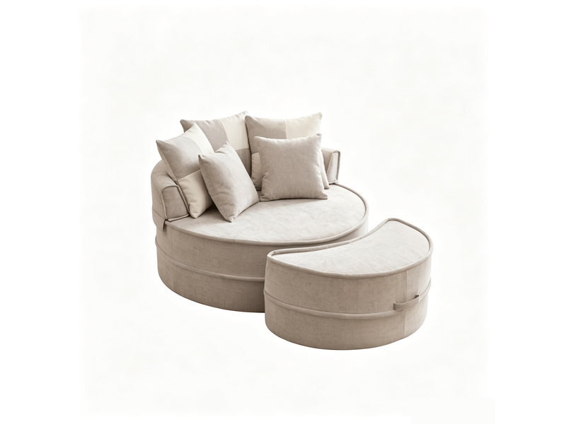  Fauteuil rond gris en tissu chenille avec repose-pieds intégré et coussins pour salon moderne  - Conforama A