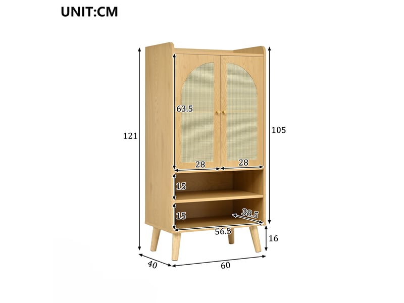  Buffet haut 60x40x121 cm naturel en panneaux de particules, 2 portes en rotin et 2 niches ouvertes de rangement  - Conforama C