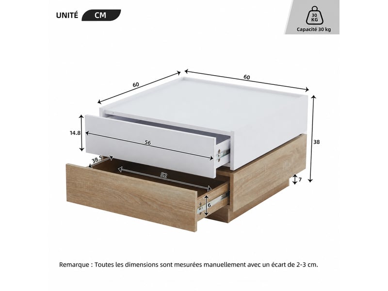  Table basse carrée pivotante 360° – 2 tiroirs et rangement – blanc et noyer – 60 x 60 x 38 cm  - Conforama D
