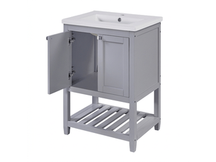 Meuble salle de bain 60 cm sur pied avec lavabo en céramique gris clair