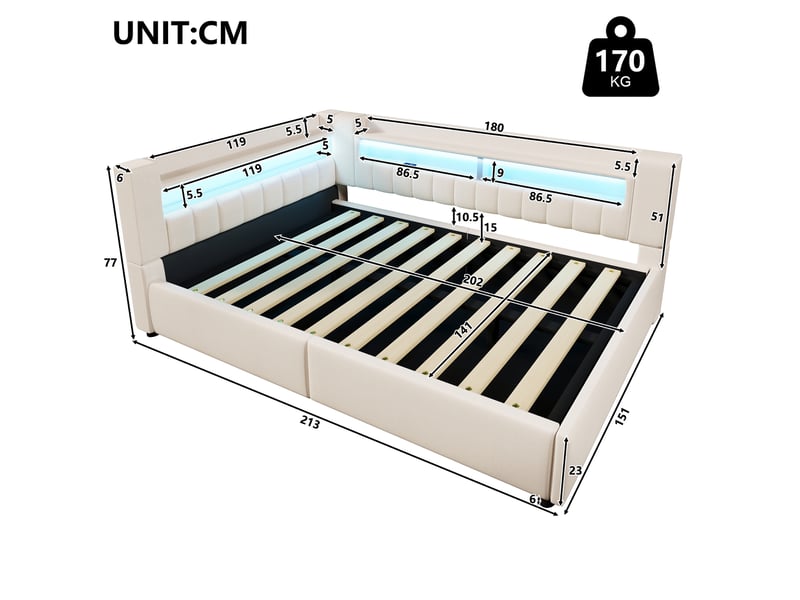 Lit coffre hydraulique 140x200 cm avec led et usb-c, tissu lin beige, structure mdf, sans matelas  - Conforama C