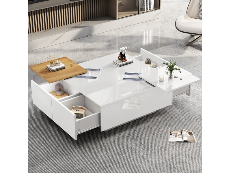  Table basse carrée blanche brillante 75 x 75 cm, 4 tiroirs et plateaux coulissants  - Conforama E