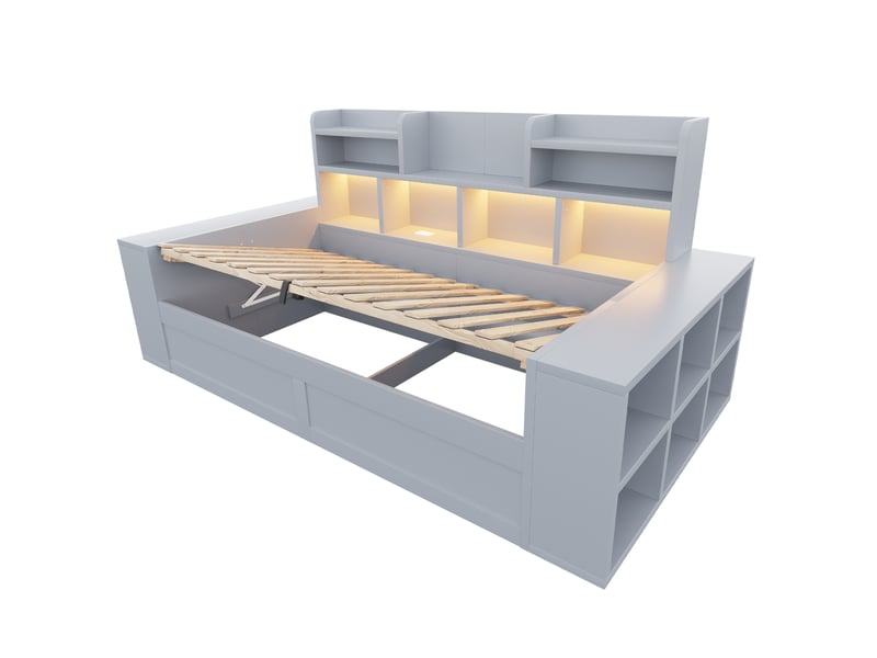  Lit banquette 90x200 cm gris en mdf et contreplaqué, coffre hydraulique, led et prises avec rangements  - Conforama D