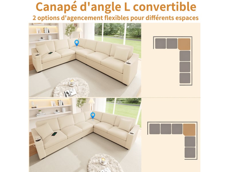 Canapé d'angle modulable 6 places 277x215x85 cm avec usb-c coloris beige - Conforama E