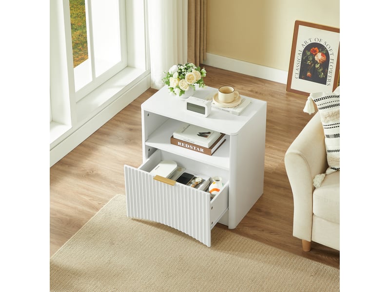 Table de chevet 58x38x60 cm, tiroir ouvert, chevet moderne, table d'appoint, meuble chambre et salon, aggloméré, blanc  - Conforama D