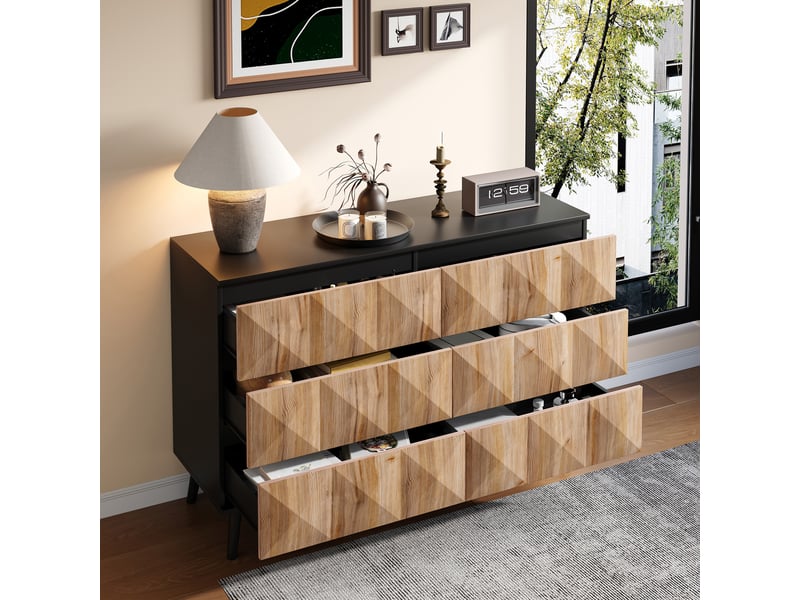  Buffet à 6 tiroirs – noir et bois naturel – 120 x 40 x 85 cm  - Conforama C