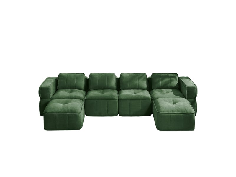 Canapé modulable en u 4 places vert avec 2 poufs, mousse haute densité 32d, tissu polyester doux, pour salon - Conforama A