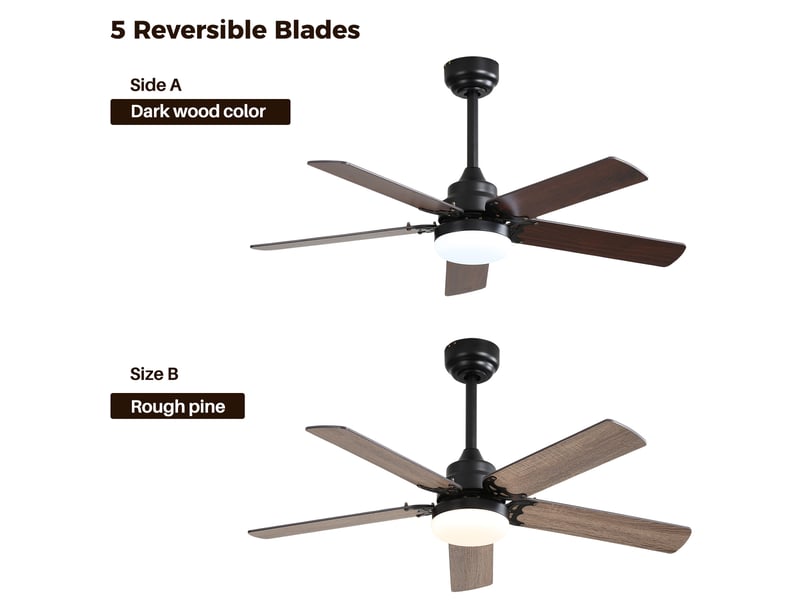 Ventilateur de plafond led 106 cm avec télécommande, moteur dc silencieux réversible, éclairage led dimmable 18w, finition noyer foncé - Conforama E