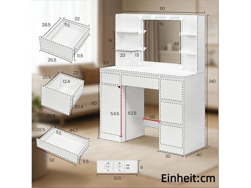  Coiffeuse tcqpz avec miroir led 110 x 40 x 140 cm rangement blanc  - Conforama C