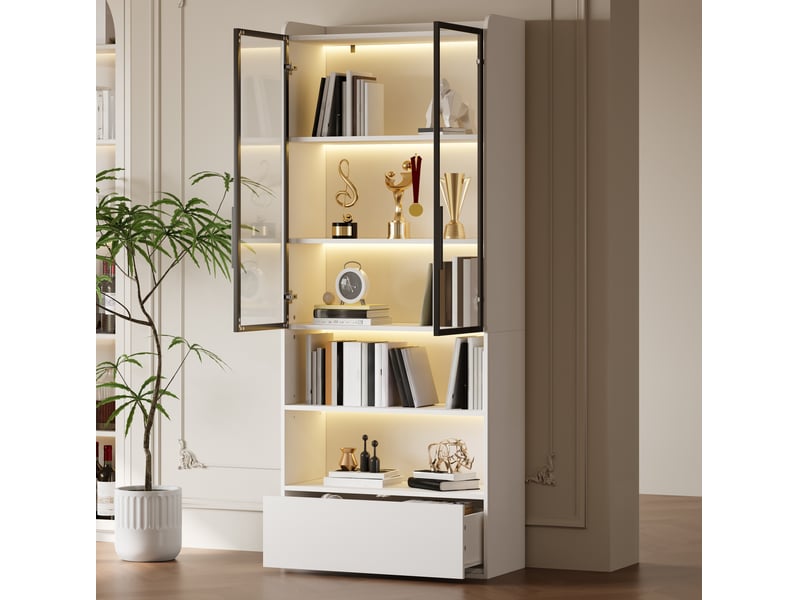  Vitrine haute 80x34x180 cm blanche avec led, portes en verre et tiroir  - Conforama E