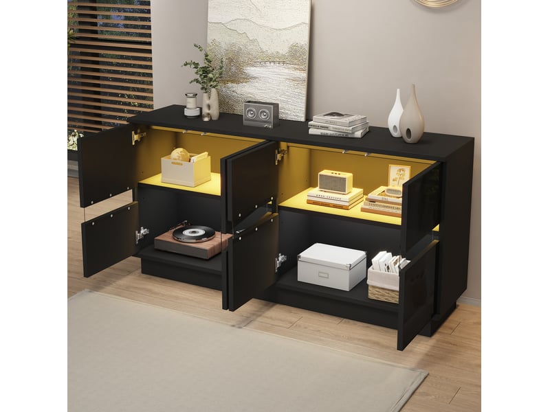  Buffet bas 4 portes avec led bluetooth 140x35x70 cm noir brillant  - Conforama W