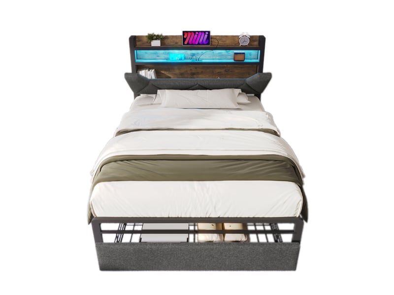  Lit simple 90 x 200cm, lit rembourré avec fonction de recharge usb type c, tête de lit rangeable et éclairage led et tiroirs, gris  - Conforama W