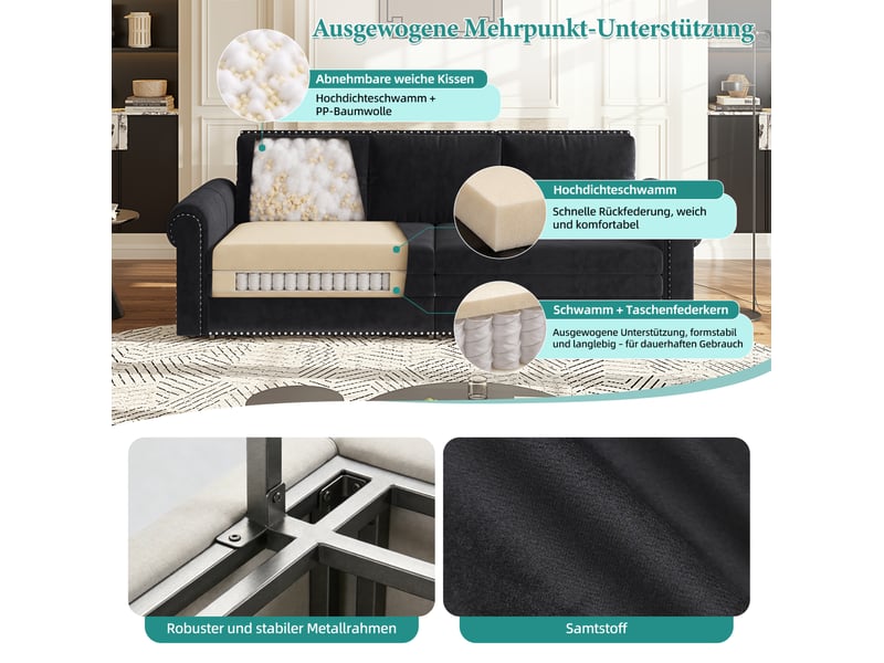 Canapé-lit 3 places 238x90x98 cm 3-en-1 avec coussin de dossier réglable, pour salon, en mousse et velours côtelé, noir - Conforama E