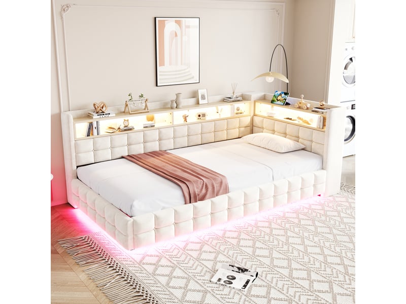Lit coffre 90x200 cm - lit simple avec rangement hydraulique - tête de lit led, usb & type-c - étagères - beige - Conforama D