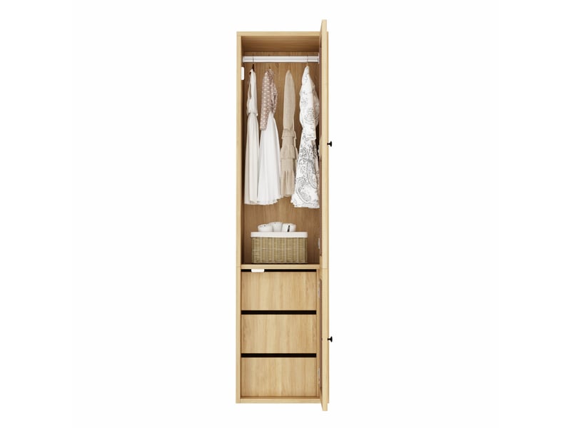 Armoire 1 porte avec penderie et 3 tiroirs, couleur chêne, portes en rotin, 45x47x200 cm - Conforama A
