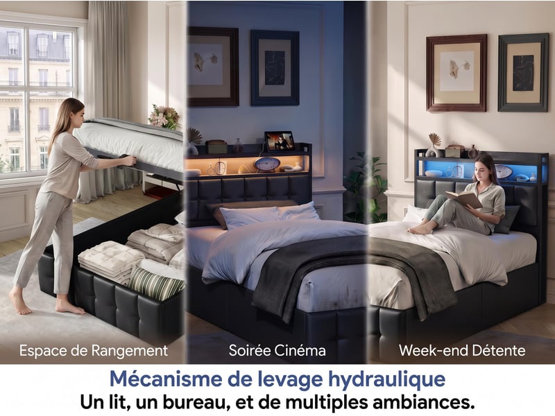  Lit adulte 90x200 cm – lit coffre - lit simple – usb‑c – tête de lit led rgb–  sommier à lattes – cuir noir  - Conforama D