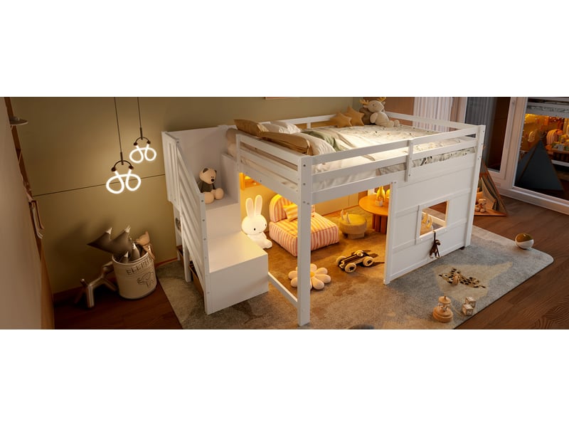  Lit superposé 140x200 avec escalier de rangement et fenêtre blanc mdf pin led sommier 15 lattes Sol Morn - Conforama E