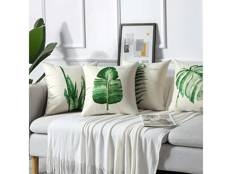 Lot de 4 housse de coussin - 45 x 45 cm, housses de coussin d'extérieur, lot de 4 housses de coussin imperméables motif feuilles, vert - Conforama C