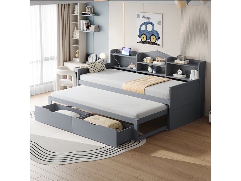  Canapé-lit 90x200 cm avec lit gigogne 90x190 cm, lit simple avec 2 tiroirs et panier de rangement, gris, lit enfant avec prise usb  - Conforama C
