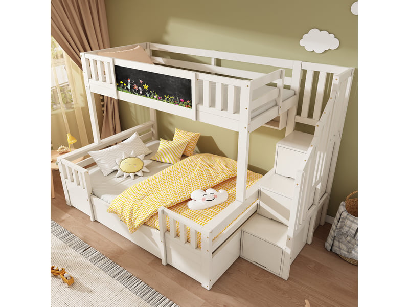 Lit superposé enfant 3 couchages blanc 90 x 200 et 140 x 200 cm avec rangements - Conforama C
