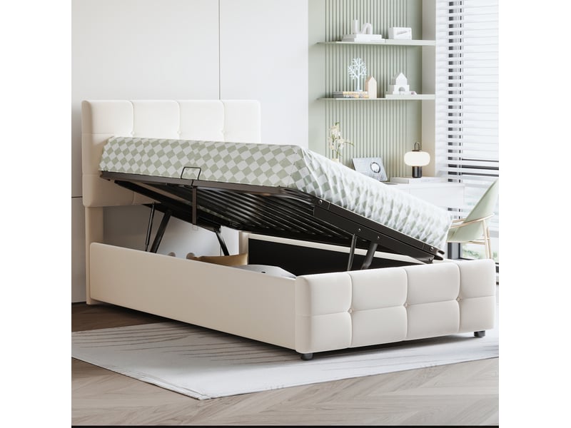  Lit coffre enfant 90x200 cm en velours beige à tête de lit réglable  - Conforama C