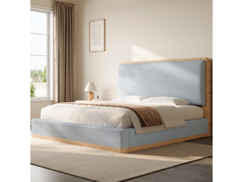  Lit coffre rembourré 180x200 cm en tissu teddy avec rangement hydraulique, tête de lit matelassée, cadre mdf et design naturel gris et bois  - Conforama D