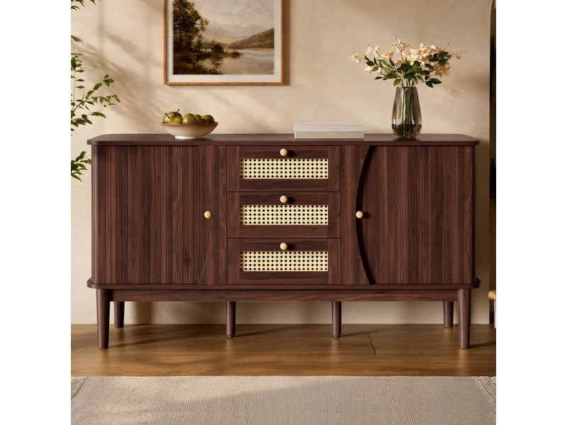  Buffet 2 portes coulissantes et 3 tiroirs effet cannage décor noyer 141 × 40 × 77 cm IKSETERA TRADING LTD - Conforama B