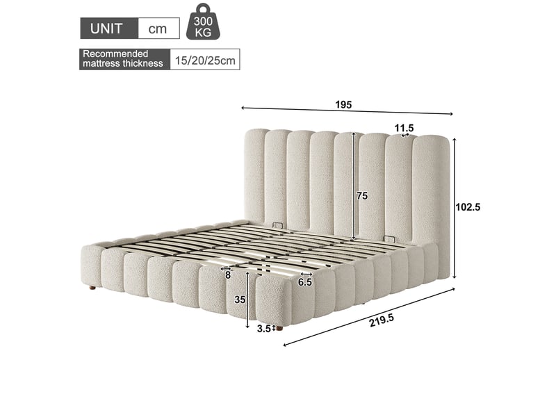  Lit coffre 180 × 200 cm, bouclé, sommier à lattes, tête de lit rembourrée, rangement, ouverture hydraulique, blanc  - Conforama C