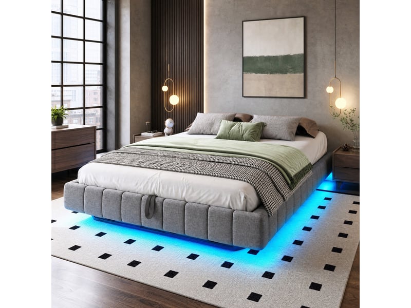  Lit coffre 160 x 200 cm gris sans tête de lit avec led  - Conforama D