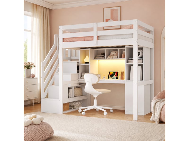  Lit mezzanine 90 × 200 cm avec escalier, rangement, bureau, étagères, led et prises, sans matelas, blanc  - Conforama B