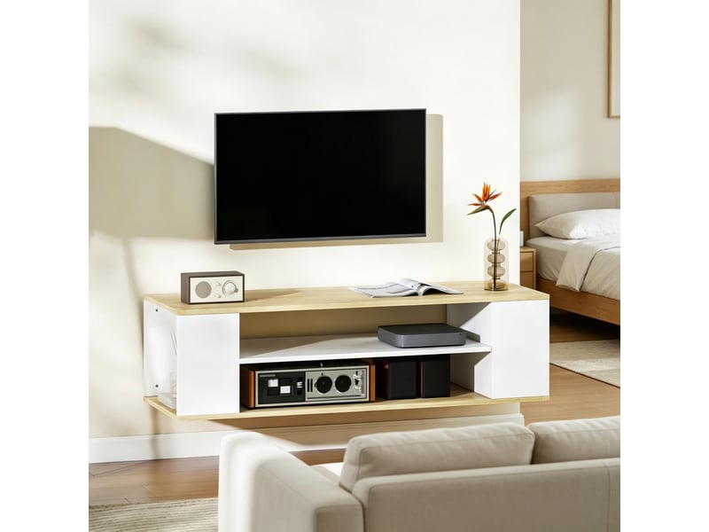  Meuble tv avec 2 niches ouvertes et 2 compartiments latéraux, à roulettes ou mural, pour salon, 120×40×38,5 cm  - Conforama C