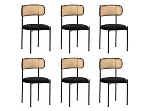 Lot de 6 chaises de salle à manger en velours noir avec dossier en rotin