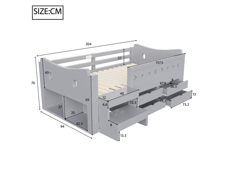  Lit enfant 90x200 cm avec rangements, led et ports usbtype-c coloris gris  - Conforama C
