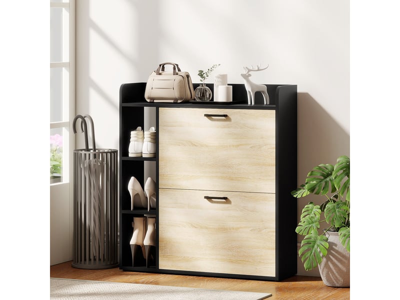  Meuble à chaussures étroit avec 2 portes 3 étagères latérales et étagères réglables pour 15 paires en bois naturel et noir  - Conforama D
