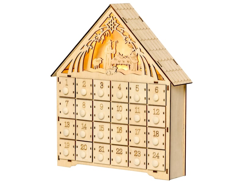 Calendrier de l'avent en bois à 24 tiroirs, décoration de noël avec crèche sculptée et lumières, 26,6 x 6 x 30 cm  - Conforama B