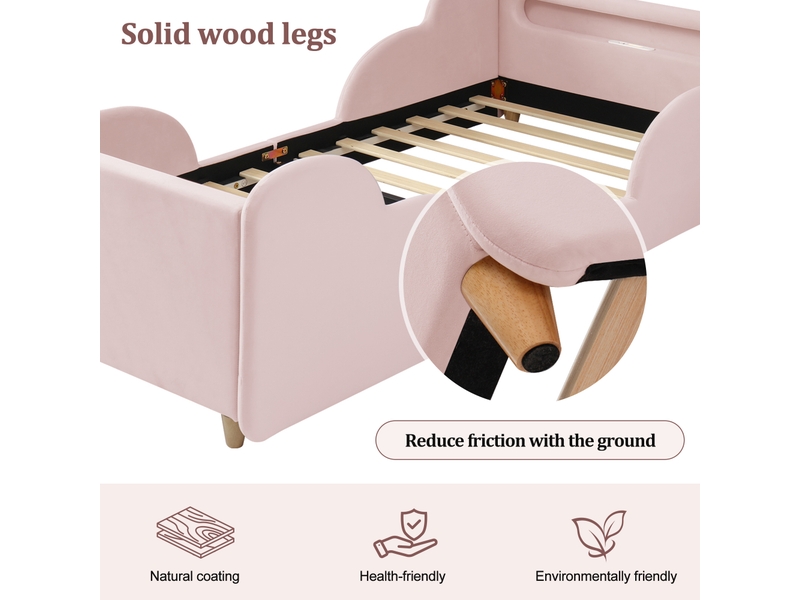  Lit enfant 90 × 200 cm 1 place avec barrière, usb, type-c et veilleuse, sans matelas, en velours rose  - Conforama E