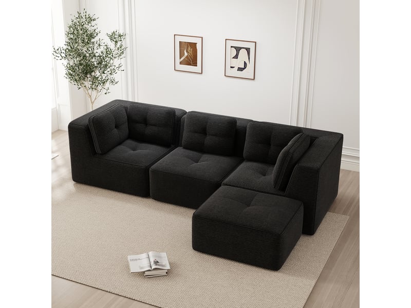  Canapé d’angle modulable 3 places velours côtelé noir – 297 x 177 x 69 cm Fay Lum - Conforama W