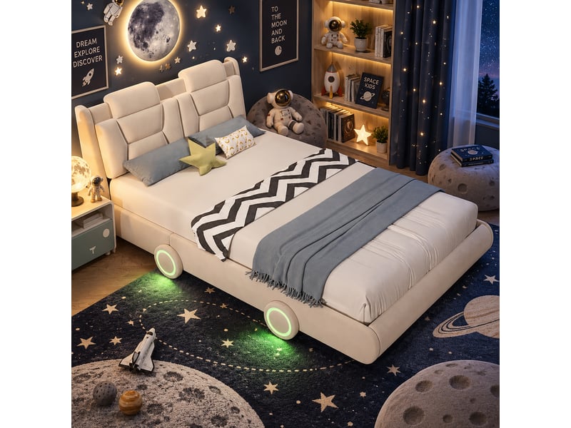  Lit enfant voiture rembourré 140x200 cm en flanelle beige avec led  - Conforama D