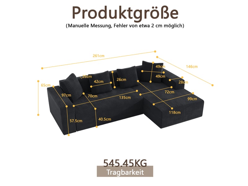  Canapé d'angle modenvie 3 places modulaire avec chaise longue à droite en velours côtelé noir 261 x 146 cm  - Conforama C