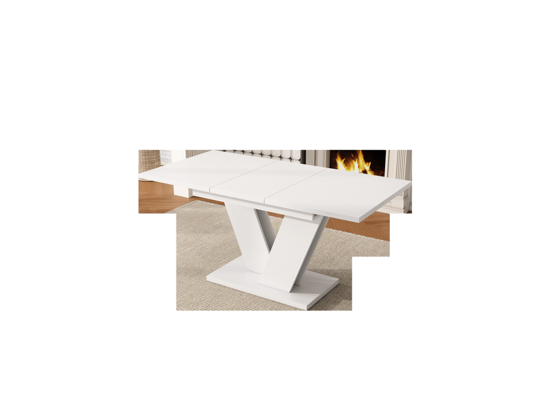  Table à manger rectangulaire extensible blanche en mdf 120-160 cm, 4 à 8 couverts, piètement en v design pour salle à manger  - Conforama B