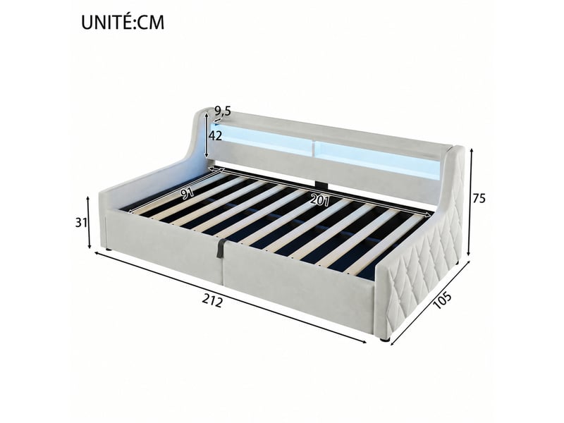  Lit coffre lit simple en flanelle avec rangement hydraulique et éclairage led, 200×90 cm, sans matelas, blanc cassé  - Conforama D