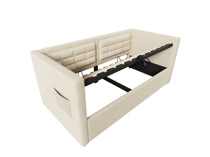  Lit coffre beige 90x200 cm avec sommier relevable à vérins et sans matelas  - Conforama D